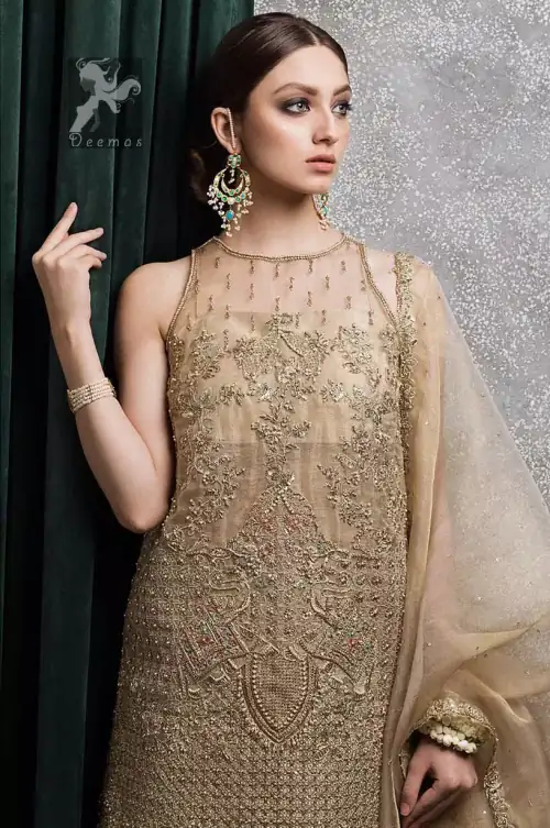 Light golden brown pure organza short shirt having halterneck design. Shirt has been embellished with antique and different shades of