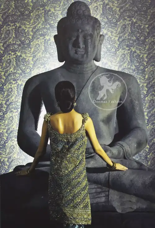 Bluish Slate Gray velvet shirt has been adorned with antique shades of embellishment.Embellished 3d motifs has been applied on shoulders.