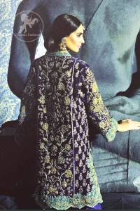 This classic shirt is reflecting exuberant colours. Kurta style shirt meticulously highlighted with antique kora, dabka, pearls and sequins. It has silhouettes adorned with neckline. This shirt is decorated with front and back panels having gorgeous floral embroidery. Shirt is fully scalloped, artfully coordinated with delicate embroidered pajama. It comes with chiffon dupatta decorated with sequins spray all over.