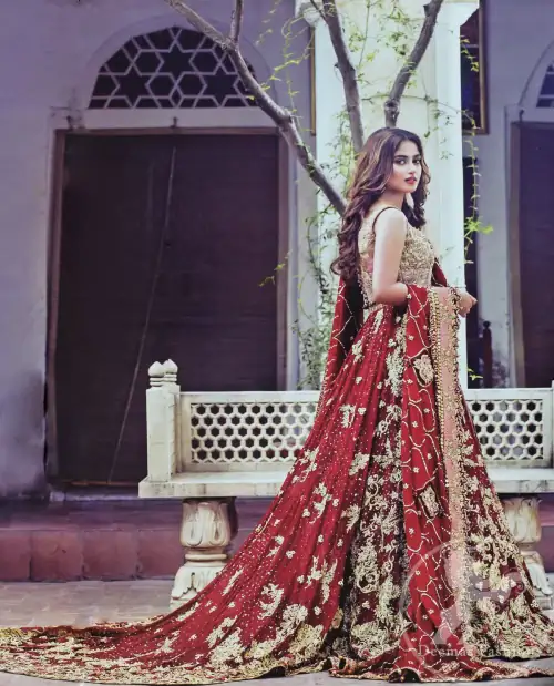 Frock having intricately embellished brown bodice and deep red frock embellished with tea pink, golden and brown shaded kora, dabka,