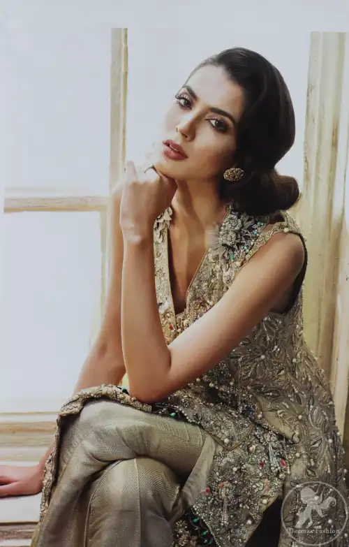 Grey olive floral embroidered high and low front open short frock. Frock is finessed with kora, dabka, pearls, sequins and