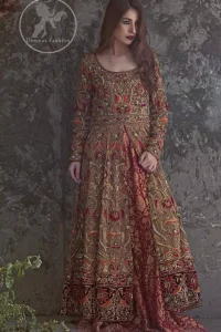 Dark Fone Brown Front Open Double Layer Frock Maroon Flush Dupatta