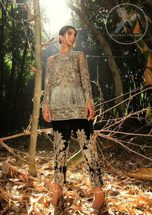 Heathered Gray Shirt Black Trousers Tan Embroidery