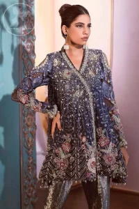 Oxford Blue Angrakha Style Short Frock Brocade Trousers