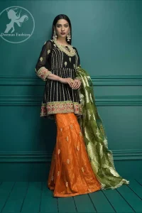 Wood Smoke Shirt Brown Bramble Sharara Thatch Green Dupatta