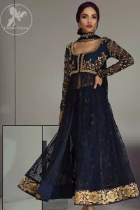 Look alluring in this floor length frock embellished with golden kora dabka, intricate embroidered motifs and detailed bodice. The border on the daman is enhanced with thread embellished floral pattern detailing that instantly draws attention. It comes with matching cigarette pants. It is paired up with dark blue dupatta with sequins sprinkled and finished with light embroidered edges.