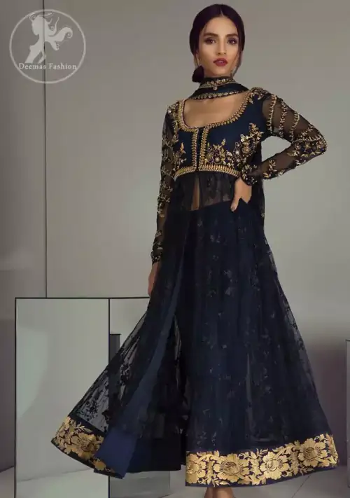 dark blue embroidered frock matching cigarette pants