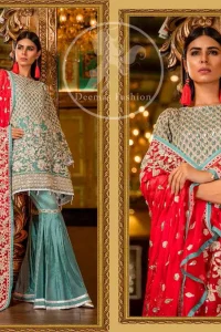 This shirt is adorned with floral embroidery.It is allured with silver and white kora dabka, tilla, sequins and swarovski. This outfit is decorated with intricate cut-work pattern on bodice and sleeves as well. It is beautifully paired up with blue smoke gharara pants. It is artistically coordinated with torch red dupatta which has one sided heavy embroidery and sprinkled with sequins all over it.