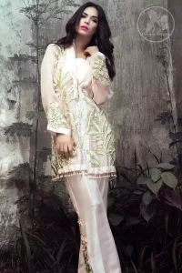 This dress is beautifully sculptured with floral embroidery. It is adorned with kora, dabka, tilla and thread embroidery. It is adorned with delicate tassels which adds to the look. It is beautifully paired up with trousers having embellished motif. It comes with chiffon dupatta, sprinkled with sequins all over.