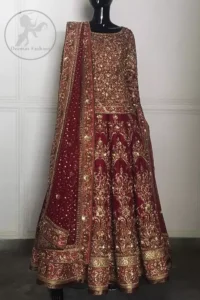 This outfit is meticulously highlighted with antique shaded kora dabka, tilla, sequins and swarovski. This dress is beautifully sculptured with floral embroidery. Shirt is fully embellished. It is artistically coordinated with embellished lehenga. Lehenga is enhanced with embroidered border and applique. It comes with chiffon dupatta, having four sided embellished border and sprinkled with sequins all over it.