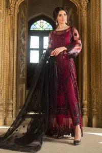 Boost your confidence and style in this glamorous attire accentuated with finest thread work embroidery and cut work borders. Pair it up with embroidered straight pants. It comes with black embroidered dupatta that gives the right amount of glamour to the outfit.