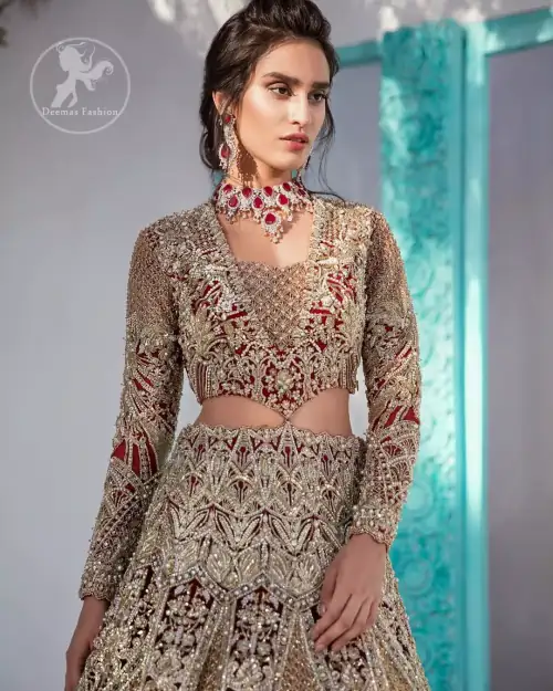 Heavy embellished bridal dress, with V Shaped blouse and skirt encrusted with swarovski stones, pearls, tilla and kora dabka along