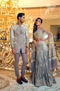 Boost your confidence and style in this glamorous attire accentuated with finest thread and zardozi embroidery. It looks so breathtaking with caps sleeves detail embellishment on edges. Sharara comprises of zardozi work adorned with thick embellished border and sprinkled floral motifs.