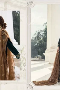 Take a step towards refreshing your wardrobe with bottle green velvet Shirt. The shirt is perfected with delicate gold tilla work. Add this bottle green velvet golden embellished bell bottom for a complete look. It comes with golden net dupatta enhanced with small motifs on the ground.