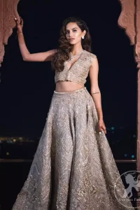 This bridal dress is perfect for your special day. Beautifully decorated with floral embroidery and embellished scalloped border. It is adorned with kora, dabka, tilla, sequins and pearls. It comes with an exquisite lehengha with thick embroidered border to give it a regal look. Dupatta comprises of floral thread embroidery allured with thick embellished border.