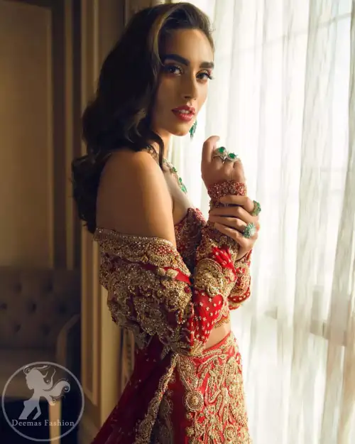 This bridal blouse executing heavily handcrafted art of zardozi. This dress is beautifully decorated with heavy embroidery. It is highlighted