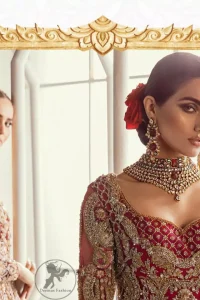 This bridal dress is perfect for your special day. Beautifully decorated with floral embroidery and embellished scalloped border. It is adorned with kora, dabka, tilla, sequins and pearls. It comes with an exquisite lehengha with thick embroidered border to give it a regal look. Dupatta comprises of floral thread embroidery allured with thick embellished border.