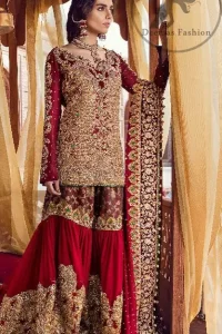 The grand gold bridal stands out due to its uniqueness and the perfect fusion of modern cut and traditional embroidery. This dress is beautifully decorated with heavy embroidery. It is highlighted with kora, dabka, tilla, sequins and pearls. It comes with heavy embroidered gharara. It is coordinated with chiffon dupatta which is sprinkled with sequins all over it. It is allured with four sided embellished borderand beautiful tassels adds to the look.