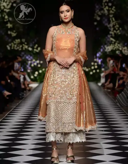 This outfit is stunningly perfect for any evening ensemble. It is paired with a sleeveless double layered shirt in organza