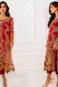 This dress is beautifully sculptured with floral embroidey, adorned with cutwork borders, colorful embellishments and zerdozi work. The detailed scalloped border gives a perect ending to this shirt. Having full length sleeves and small sprinkled motifs on ground. Paired up with red capri pants and comprises with red dupatta.