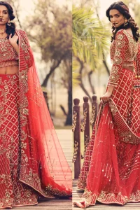 Boost your confidence and style in this glamorous blouse skirt with finest embroidery. The blouse is ornamented with light gold kora dabka, kundan and sequins work, elaborate it with tassels. The skirt is meticulously designed with vintage styled frames. It is further enhanced with light embroidered border along floral embroidery and zerdozi work. This outfit is coordinated with red dupatta with embroidered borders on all four sides and sprinkled sequins on the ground.