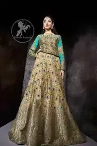 This outfit is adorned with kora, dabka, tilla, sequins and pearls. It is decorated with heavy floral embellishments. It comes with heavy embellished lehengha. A tissue dupatta accompanies the garment. The dupatta has embellished borders on all four sides and sequins spray all over it. The garment is lined with medium silk and finished with jamawar piping.