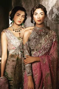 This dress is beautifully sculptured with floral embroidery. It comes with fully embroidered brocade blouse having halter neckline which adds to the look. Pallu is highlighted with kora, dabka, tilla, sequins and pearls. It is allured with scalloped embroidered border. Lehengha is fully embellished.