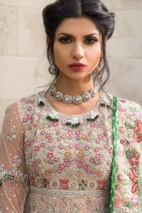 Ivory Frock Mutiple-colour Embroidery Deep Blush Frilled Lehengha