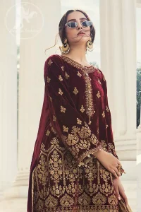 Maroon Velvet Shirt Golden Trousers & Dupatta