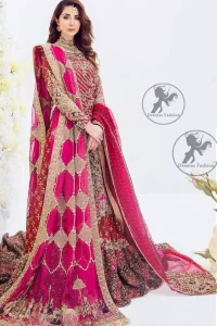 This regal mexican red frock is an immensely captivating traditional piece, enhancing the art of classical heritage showcasing the craftsmanship of kora, dabka & mukesh detailed with pearls; artistically embellished to give a beautiful rhythm to the outfit. It is coordinated with sandy brown chiffon lehenga which is decorated with geometric pattern style embroidery. This outfit comprises with mexican red dupatta enhanced with motifs from pallu and the other two sides having heavily embellished border.