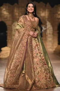 Modern yet traditional: This regal muddy waters maxi is an immensely captivating traditional piece, enhancing the art of classical heritage showcasing the craftsmanship of antique shaded kora, dabka & mukesh detailed with pearls; artistically embellished to give a beautiful rhythm to the outfit. Furthermore it is enhanced with multiple colored thread embroidery. It comes with brocade pajama. This outfit is paired with an ethereal bridal dupatta focusing on kora and dabka handwork borders on all four sides.