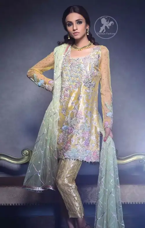 This dress is beautifully decorated with heavy embroidery. It is highlighted with dull golden kora, dabka, tilla, sequins and pearls.