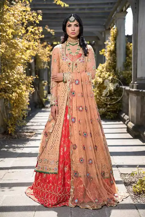 Go for this trendy dress and capture the attention in this persian red inner gold sand gown with kora, dabka