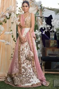 This dress is majestic beauty and perfect for your engagement or evening ensemble. Delicately crafted and personifying chic elegance with an element of grandiose. This floor length maxi is decorated with intricate thread and kora, dabka embroidery on bodice and floral motifs details all over the front on ivory canvas. The bottom of the maxi is enhanced with embellished applique. It comprises with churidar pajama. It comes with net dupatta with embellished border at all ends. Style it up with embroidered waist belt.