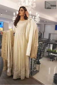 This outfit is perfect for nikah day. Exude elegance and class in this anarkali frock finessed with beautiful embellished bodice with matching thread embroidery and pearls. This trendy outfit is enhanced with thick borders and floral bunches refined the classical royal look. Having full length sleeves adorned with floral motifs. It comprises with churidar pajama. The dupatta incorporates beautifully designed borders on all four sides, focusing on the heavily embellished pallu borders to give it a perfect look.