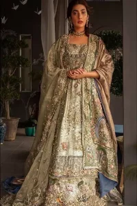 This dress is perfect for your special day. This signature pishwas is crafted with organza featuring hand embroidery with elegant zardosi work. The bottom of the pishwas is enhanced with multiple color rich floral embroidery. The lehenga is timeless and elegant with a touch of modern trend,includes embroidery of kora, dabka, sequins and large floral motifs made up with multiple color resham threads. The dupatta incorporates beautifully designed borders on all four sides, focusing on the heavily embellished pallu borders to give it a perfect maharani look.