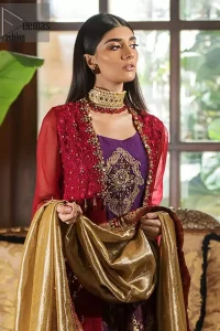 Tradition meets modernity. Boost your confidence and style in this glamorous attire accentuated with finest zardosi work, stunningly perfect for any evening ensemle. Short shirt is ornamented with a large motif in the center done with antique shaded kora, dabka, tilla and sequins. Pair it up with deep red gown beautifully adorned with floral thread embroidery on the bodice and finishing with tassels. Furthermore it is highlighted with floral bootis. Finish the look with brocade sharara. It is comprises with golden brocade dupatta having embellished red applique on all four sides.