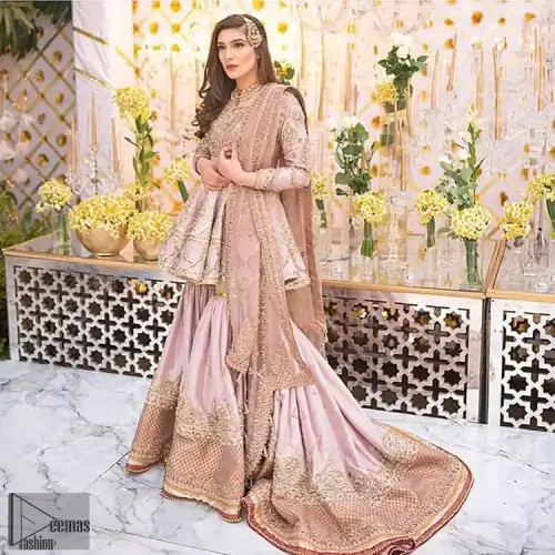 Brighten up your look with this outfit on your reception or nikah day. Wear this soft and supple hues richly