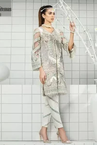 This formal wear dress is majestic beauty. Delicately crafted and personifying chic elegance with an element of grandiose. A full heavily embroidered front open shirt with silver zerdozi work details all over. The daaman is furthermore highlighted with embellished border. Having full length sleeves adorned with silver kora, dabka and tilla embroidery. Paired up with organza straight trouser decorated with embroidered lace. It comprises with chiffon dupatta having sprinkled sequins on the ground.