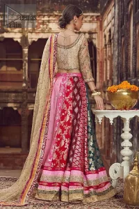 Make your special day more interesting with this shabby chic statement intensified with rich thread and tilla work all over the front, a large motif in the center and bold patterns at the end of blouse. Having full length sleeves adorned with floral bootis. Add some super cool twist to your look with these subtle colors in this lehenga enhanced with different color panaels. The bottom of the lehenga is adorned with applique and laces. Style it up with golden dupatta adorned with four sided applique border and scattered sequins all over.