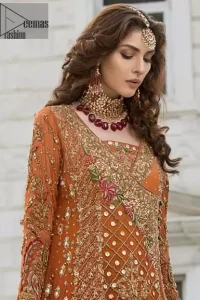 Bring out your beauty with this traditional yet modern outfit for mehndi mayon day.  Make your wardrobe more interesting with this shabby chic statement intensified with rich thread embroidery and zardosi work all over the front and geometric patterns at daman that instantly draws attention. It is highlighted with antique shaded kora, dabka, sequins and pearls. Having full length sleeves adorned with floral bootis. It comprises with cigarette pants. It is coordinated with beautiful dupatta with thick embellished border on two sides and scattered sequin on the ground to convey a classic look.