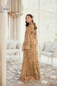 This elegant ensemble turns timeless piece into a chic fantasy. Perfect for this festive season with divine detailing of thread embroidery, color balance and well-crafted zardosi work. Furthermore it is elevated by vibrant floral motifs and red embellished slits. It comprises with self printed sharara ornamented with captivating embellished bottom. Style it up with matching organza dupatta with chann all over.