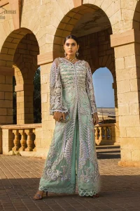 Take a step towards refreshing your wardrobe with aqua front open gown and palazzo pants. This front open gown is perfected with loaded light golden and silver work. The front of the gown is heavily embellished with different styles motifs and rich embellishment on bodice. Furthermore the back of the gown and bell sleeves are also decorated with detailed embroidery and dangling balls. The palazzo pants with it is made of raw silk fabric with lace detail on the bottom. The outfit is coordinated with aqua organza dupatta sprinkled with sequins all over.