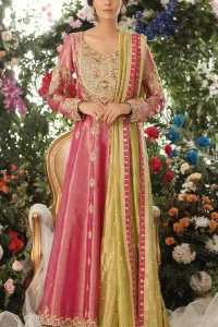 Nothing speaks of femininity and class louder than this mehndi outfits for bridesmaids. This beautiful mehndi dress comes with anarkali frock with beautiful embellished motifs around the scalloped hemline and vertically worked gold lines and heavily embellished neckline with light golden, champagne and antique shaded zardozi work. It comes with sharara adorned with colored floral embroidery with champagne embellishment. Complete the look with parrot green dupatta having four sided applique borders and sequins spray on the ground.