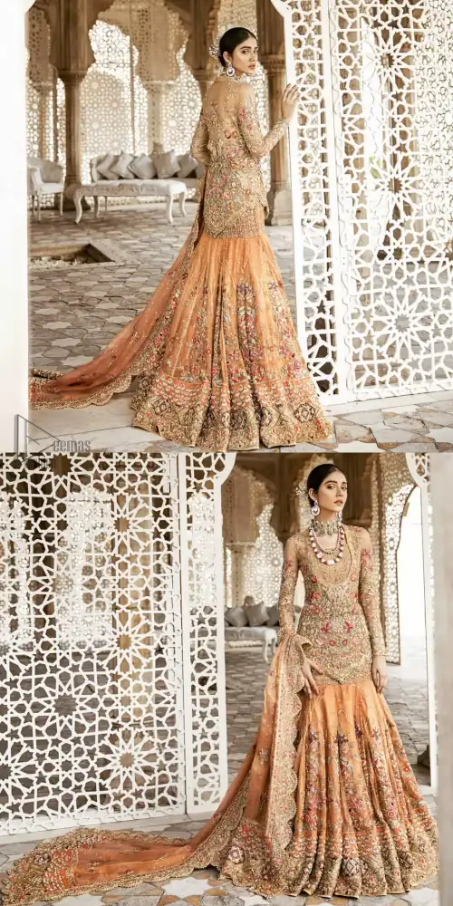 Beautifully elegant with a modern twist. Adorned in an orange embellished with antique detailing all over, this undeniably elegant attire