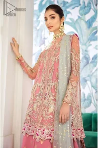 Let the crowd stare and make it worth their while when you walk wearing this outfit. A perfect ensemble for this festive season with divine detailing of thread embroidery, color balance and well-crafted applique hemline. The front open frock is fully embellished with floral embroidery done with light golden zardozi work and thread embroidery. It comprises with pink self fabric sharara and mint green dupatta, adorned with sequins spray on the ground and embellished pink applique pallu. You would definitely want to wear this for your next occasion.