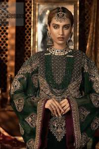 Let the crowd stare and make it worth their while when you walk wearing this beautiful outfit. The shirt carries intricate zardozi embroidery in antique and dark antique shades. Upholding the idea of simple is beautiful, you would definitely want to wear this for your next occasion. Complement the look with plum trousers enhanced with embroidered border in shades ofantique. Style it up with olive green dupatta sprinkled with sequins and four sided embroidered borders.
