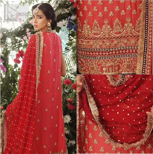 A perfect ensemble for this festive season with divine detailing of zardozi work. This outfit is an immensely captivating traditional