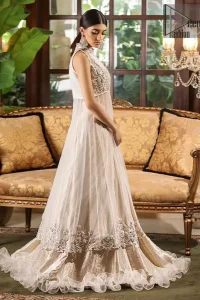 This halter neck frock is majestic beauty. Delicately crafted and personifying chic elegance with an element of grandiose. A full heavily embroidered bodice done with silver and gray zardozi work. The bottom of the frock is enhanced with rich floral embroidery and wide hemline. It comprises with brocade lehenga and net frilled lift the whole lehenga bottom. Complete the look with tea rose dupatta sprinkled with sequins on all over the ground.