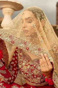 Our deep red bridal dress will make your special day even more perfect. Infused with classical glamour. Strike a breathtakingly elegant pose in this wedding dress. This artisan piece includes intricate hand embellishment. This highly skilled technique involves hand needle work to add beads and sequins to the fabric, giving your garments a unique look. The embroidery is done in the shades of light golden, antique and maroon thread work. The blouse is fully embellished and lehenga is adorned with floral details all over and thick embellished bottom. Furthermore the lehenga is also intensified with sprinkled floral motifs. Complete the look with golden net dupatta enhanced with sprinkled sequins on the ground and four sided embellished border.